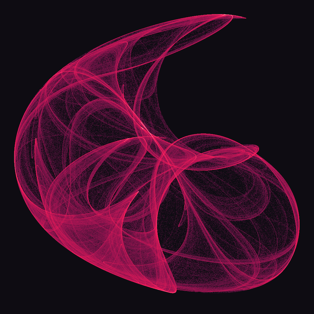 De Jong strange attractor — interwoven pink sheets on near-black